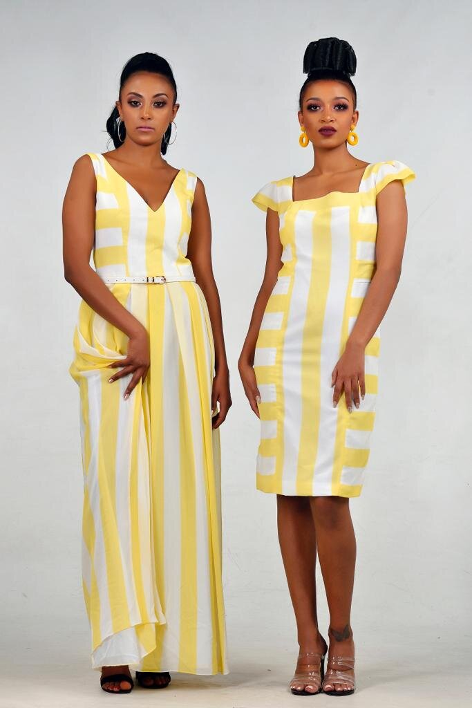 Duo maxi and midi dress white and yellow stripes